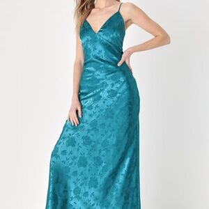 Lulus Take Me Dancing Teal Blue Satin Jacquard V-neck Maxi Dress - Size XL